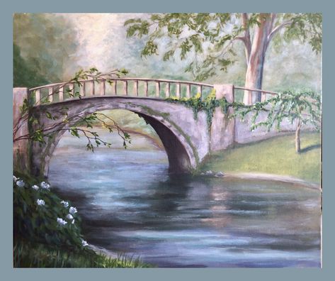 WATER UNDER THE BRIDGE BY Karri Robison an original acrylic painting 24.x20 Bridge Over Water Drawing, Bridge Painting Acrylic, Bridge Art Paintings, Acrylic Scenery, Bridge Scenery, Beach Sketches, Bridge Drawing, Water Under The Bridge, Easy Landscape Paintings