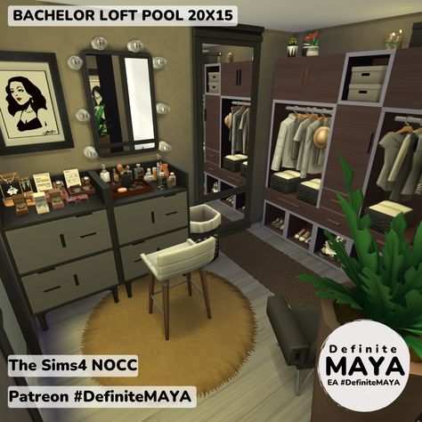 NOCC/ Mod-Free/ Functional in gameplay. ***Download from EA gallery #DefiniteMAYA *** Support me on Patreon *** Sims4 Ideas, Sims 4 House Design, Sims 4 Houses, The Sims4, Walk In Closet, Interior Design Inspiration, Sims 4, Walk In, Design Inspiration