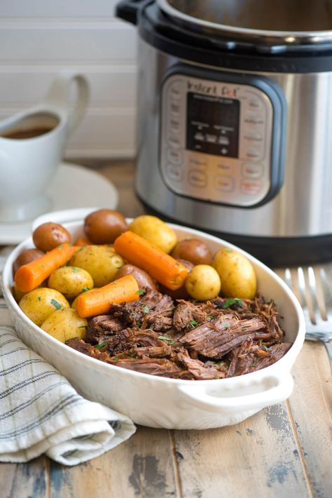 Instant Pot Pot Roast ~ https://www.fromvalerieskitchen.com Instant Pot Recipes Pot Roast, Fall Instant Pot Recipes, Pot Roast With Carrots, Roast In The Instant Pot, Instant Pot Pot Roast Recipe, Pot Roast Gravy, Instant Pot Roast, Pressure Cooker Pot Roast, Roast Gravy