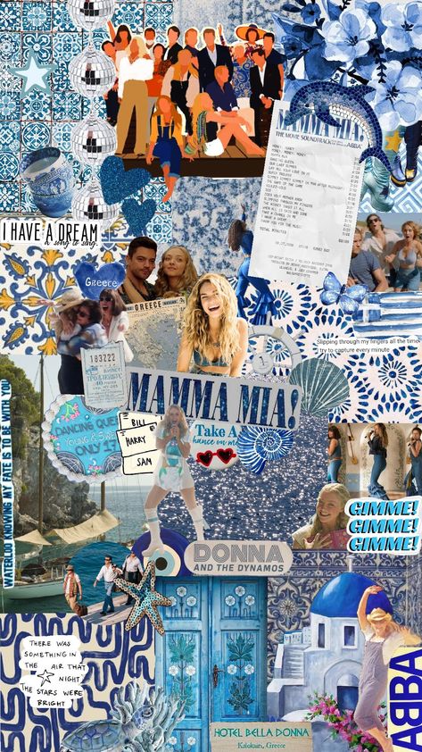 #MammaMia #MammaMiaherewegoagain #ABBA #Dancing queen #Waterloo #Greece #Blue #DonnaandtheDynamos Mama Mia Moodboard, Mamma Mia Moodboard, Abba Moodboard, Dancing Queen Wallpaper, Dancing Queen Aesthetic, Mamma Mia Dancing Queen, Mamma Mia Dancing, Dancing Queen Birthday, Collages Wallpaper