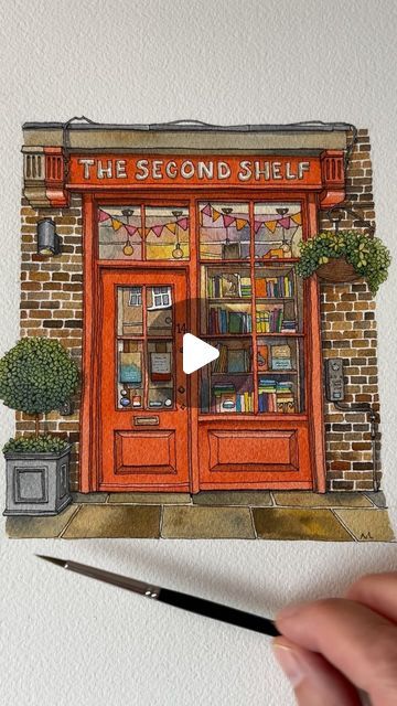 Astrid Wielinga | Urban Anna on Instagram: "Painting The Second Shelf, a charming book shop in London @secondshelfbooks  🖌️ Coloring page is available on Patreon! Link in bio 🤗 . . . . . #watercolorillustration #watercolourillustration #shopfrontillustration #urbanillustration #architectureillustration #storefrontillustration #shopfronts #soothingvideo #coloringtherapy #arttutorial #artreel #artvideo #watercolortutorial #coloringtutorial #coloring #londonbookshops #bookstore #bookshopsoflondon #bookstores #redshop" Bookshop Drawing, Urban Anna, Storefront Drawing Art, Bookstore Drawing Illustrations, Shop Illustration Store Fronts, Bookstore Coloring Pages, Bookstore Watercolor Painting, Watercolor House, Watercolor House Portrait