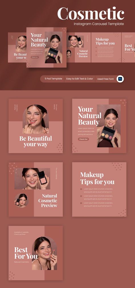 Cosmetic Instagram Carousel Template PSD Makeup Carousel, Instagram Carousel Design, Instagram Carousel Template, Carousel Template, Salon Promotions, Natural Makeup Tips, Media Makeup, Instagram Carousel, Media Planner