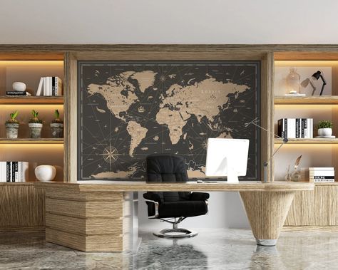 Black World Map Wallpaper, 3d Map Mural, Living Room Wallpaper, Office Murals, Self Adhesive Peel and Stick Wallpaper, Vinyl Mural - Etsy Men’s Office Wallpaper, Black World Map Wallpaper, Wallpaper For Office Wall, Home Office Wallpaper, Office Murals, Map Mural, Vinyl Mural, Wallpaper Office, Office Mural