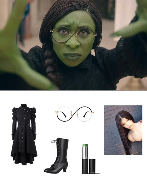 Elphaba from Wicked (Glasses Look) Costume | Carbon Costume | DIY Dress-Up Guides for Cosplay & Halloween Elphaba Glasses, Wicked City Anime, Fallout Wedding, Wicked Cosplay, Elphaba Costume, Black Coat Dress, Green Face Paint, The Witches Of Oz, Twist Wig