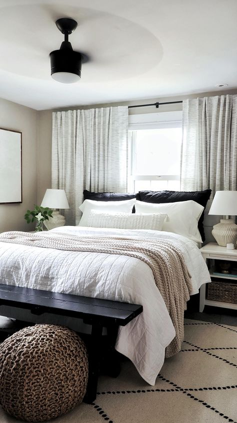 How to Make the Perfectly Cozy, Layered Bed - Made by Carli King Bedroom Ideas In Front Of Window, Master Bed Infront Of Windows, King Size Bed In Front Of Window, Beds By Windows Ideas, King Bed Under Window Ideas, Dark Grey Bedframe Bedroom, Queen Bed Under Window, Bedroom Against Window, Headboard Against Window Ideas