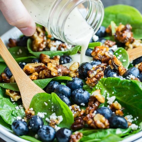 Blueberry Spinach Salad with Lemon Poppyseed Dressing Fruit And Veggie Salad, Lemon Poppyseed Dressing, Blueberry Spinach Salad, Cranberry Quinoa Salad, Creamy Feta, Squash Vegetable, Poppyseed Dressing, Blueberry Season, Salad With Lemon