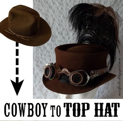 All Things Crafty: Another Cowboy Hat into Steampunk Top Hat Sombrero Cowboy, Moda Steampunk, Steampunk Top, Mode Steampunk, Steampunk Top Hat, Steampunk Crafts, Steampunk Hat, Style Steampunk, Chapeau Cowboy