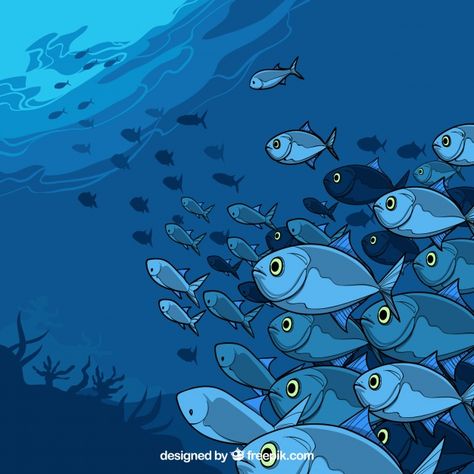 School Of Fish Illustration, School Of Fish Drawing, Fish Background, Ocean Projects, Sea Drawing, Drawn Fish, School Of Fish, About School, Engraving Illustration