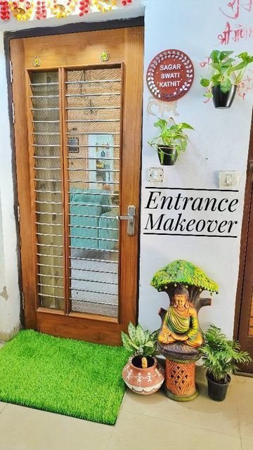 Home Entrance Ideas Indian Flats, Flat Entrance Decor Ideas Indian, Home Entrance Plant Decor, Entrance Makeover Indian, Flat Entrance Decor, Entrance Door Decoration Indian, House Entrance Ideas Indian Apartment, Indian Home Entrance Decor Entryway, House Entrance Decor Ideas