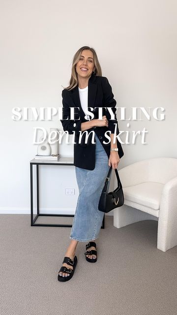 Denim Midi Skirt Outfits, Midi Denim Skirt Outfit, Denim Midi Skirt Outfit, Chunky Slides, Tan Crossbody Bag, Tube Top Black, Black Heeled Sandals, Trendy Date Night Outfit, White Button Up Shirt