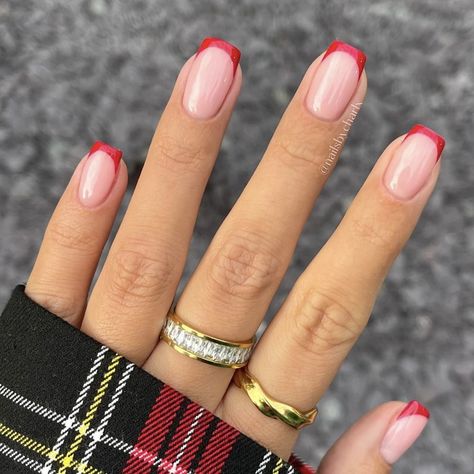 Minimalist Nails Red Tips, Red French Manicure Short Nails, Red Tips Short Nails, Short Coffin Red French Tip Nails, French Tips For Valentines Day, Nail Ideas Red Tips, Red Tips Dip Nails, Nails Inspiration Red French, Red And White Tips Nails