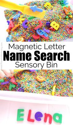 About Me Activities For Toddlers, Kindergarten Sensory, Toddler Sensory Bins, Color Rice, Preschool Names, Sensory Tubs, Sensory Tub, Learn Letters, Toddler Sensory