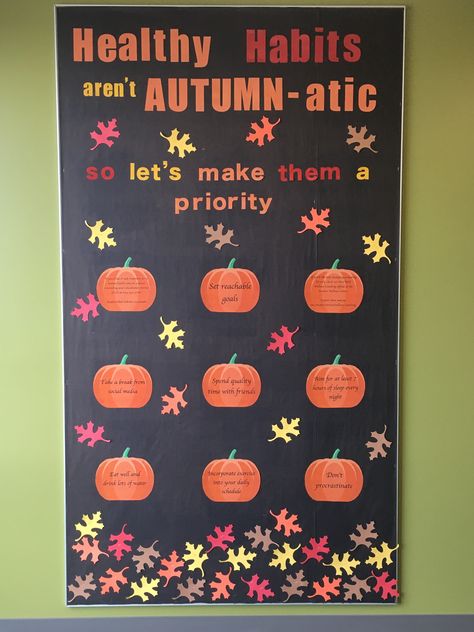 Nursing Home Fall Bulletin Boards, Fall Safety Bulletin Board, School Nurse Fall Door Decoration, Fall Semester Bulletin Boards College, Fall Counselor Bulletin Boards, October Staff Bulletin Board, Fall Bulletin Boards For Nurses Office, Halloween Self Care Bulletin Board, Fall Nursing Bulletin Boards