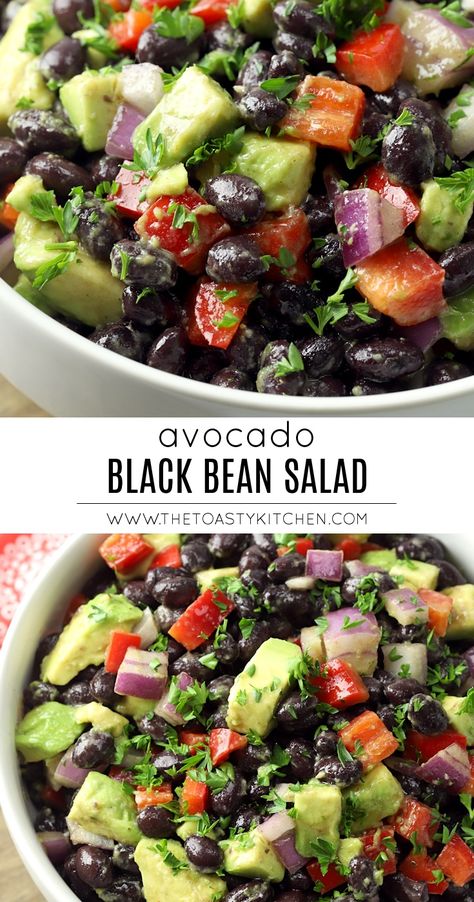 Avocado Black Bean Salad by The Toasty Kitchen #avocado #blackbeansalad #blackbeans #coldsalad #summer #lime #limevinaigrette #limezest #redpepper #lunch #lunchideas #easyrecipe #recipe #homemade Clean No Carb Meals, What To Make With Avocados Recipe, 6 Ingredient Recipes Healthy, Black Beans Dishes, Mediterranean Avocado Recipes, Black Bean Meals Healthy, Low Carb Black Bean Recipes, Whole Foods Diet Clean Eating, Mediterranean Avocado Salad