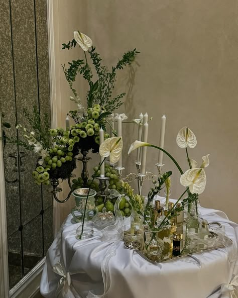 purity of silver, vibrant green color and the magic of the evening✨ Wedding Basics, Hosting Era, Romantic Dinner Decoration, Green Tablescape, Aesthetic Shots, Stick Decor, Table Aesthetic, Baroque Period, Lantern Centerpiece Wedding