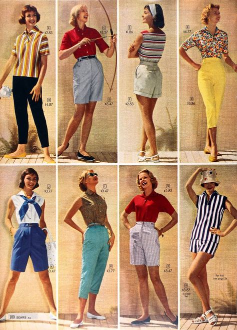 1950s shorts and capris, 1958                                                                                                                                                                                 More Moda Z Lat 70., Mode Over 50, 40s Mode, 1950s Shorts, Look Disco, 50s Outfits, Mode Retro, 1950 Fashion, 40 Women