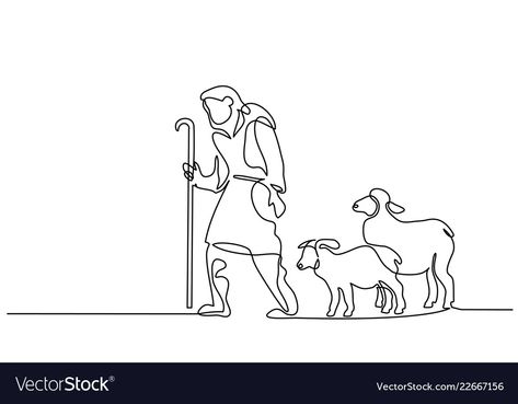 Merry christmas shepherd and sheeps one line drawn Shepherd Drawing Sheep, Shepard And Lamb Tattoo, Shepherd Drawing, Shepherd Art, Shepherd And Sheep, Shepherd Tattoo Jesus, Shepherd Doodle, Shepherd With Sheep Drawing, Leaves The 99 Sheep Tattoo