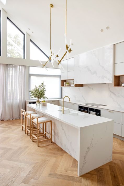 The Block Kitchen, Caesarstone Kitchen, Pink Cabinets, Herringbone Flooring, Timber Kitchen, Big Kitchen, Kitchen Interior Design Modern, Luxury Kitchen Design, Kitchen Inspiration Design