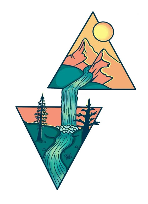 #illustration, #mountains, #figure, #nature, #forest, #trees, #waterfall, #stream, #art Mountain Forest Drawing, Alaska Drawing Ideas, Mountain Scape Drawing, Mountain Drawing Simple Colour, Forrest Drawing Simple, Alaska Doodles, Mountain Illustration Simple, Simple Forest Drawing, Simple Mountain Drawing