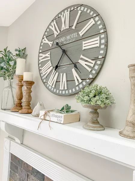 Mantel Decorating Ideas With Clock, Mantle Decor With Clock, Fireplace Decor With Clock, Above Fireplace Decor, Farmhouse Mantle Decor, Farmhouse Mantle, Серая Кухня, Shelf Decor Living Room, Farmhouse Wall Clocks