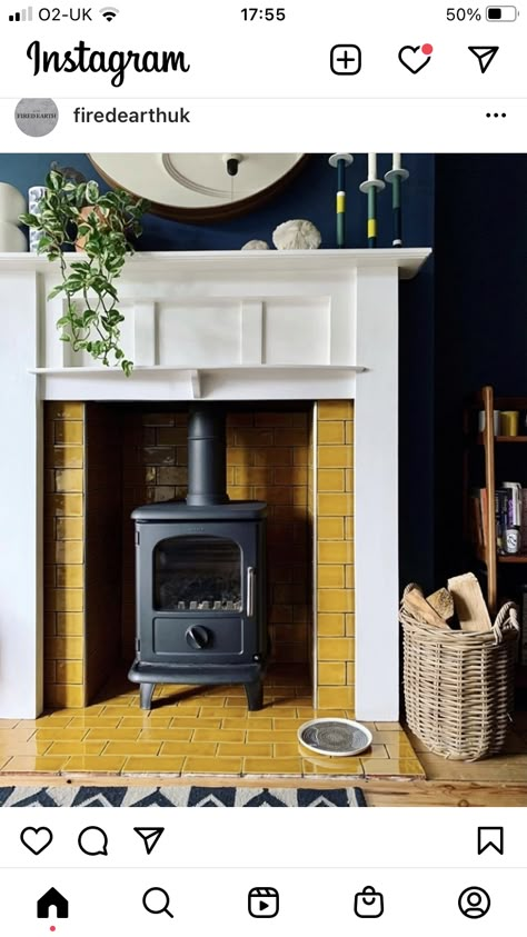 Victorian Terrace Fireplace Ideas, 1930 Fireplace Ideas, Fireplace Log Burner Ideas, Victoria Fireplace Ideas, Enclosed Fireplace, Wood Burner Hearth Ideas, Tiled Fire Surround, Tiled Fireplace Log Burner, Tiled Stove Fireplace