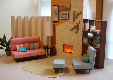 Portfolio – Maryann Roy -Neo-Retro Furnishings & Set Design in 1:6 scale Mid Century Dollhouse, Playset Ideas, Retro Dollhouse, Dollhouse Interior, Neo Retro, Dollhouse Design, Furniture Studio, Barbie Room, Barbie Diorama