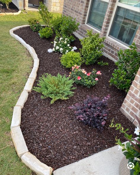 Front yard flowerbed makeover, drift roses, rubber mulch, stone edging for flowerbed, Home Depot style, flowerbed ideas Front Lawn Landscaping, Yard Garden Design, Front Garden Landscape, Small Front Yard Landscaping, Small Front Yard, Yard Landscaping Simple, Front Yard Design, Front Yard Garden Design, Easy Landscaping