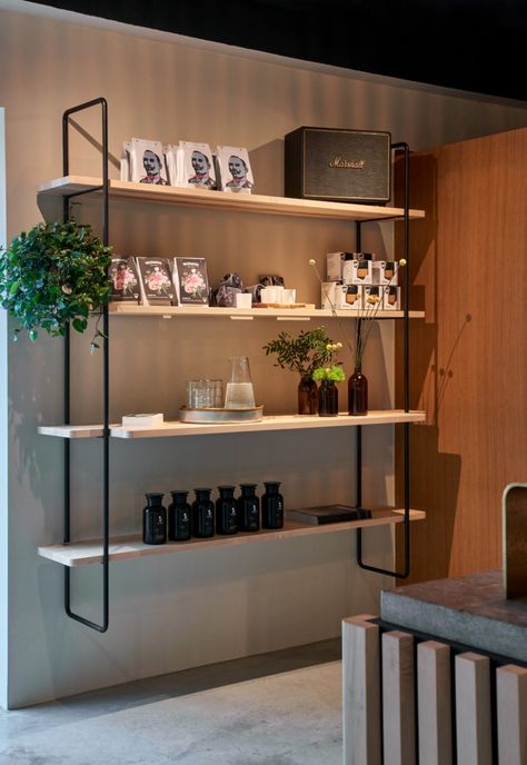 Retail Shelves Salon, Salon Suite Decor Wall Shelves, Salon Shelf Ideas, Coffee Shop Shelves, Product Shelves Salon, Shops Designs Ideas, Salon Retail Wall Shelves, Shop Decor, Salon Product Display Ideas