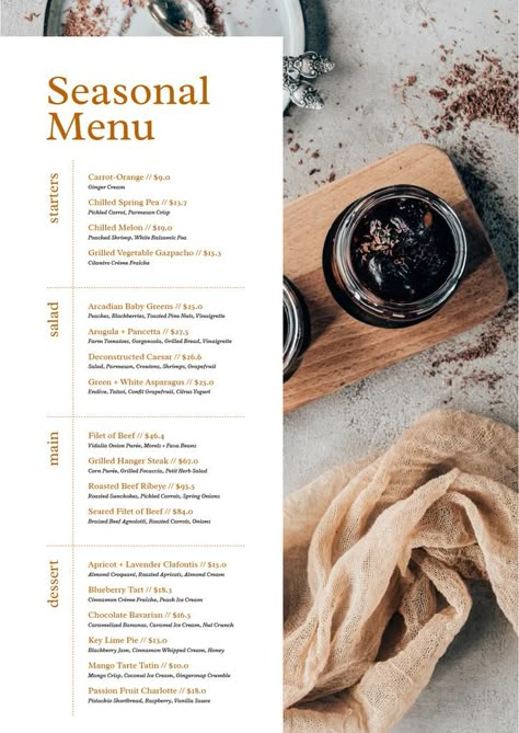 Food Menu Design Layout, Food Catalogue, Canva Inspiration, Menu Design Layout, Food Catalog, Menu Display, Beef Filet, Menue Design, Fall Menu