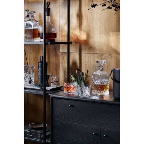 Offset Shelves, Bar Styling Ideas, Modern Drinking Glasses, Minimalist Cabinet, Bar Styling, Mid Century Wall, Highball Glass, Cabinet Space, Patina Finish