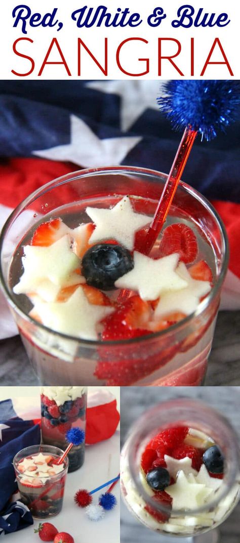 Red, White & Blue Sangria - Made with HAPPY Red White And Blue Sangria, 4th Of July Drinks, Blue Sangria, Fourth Of July Drinks, Memorial Day Desserts, Patriotic Cocktails, 4th Of July Cocktails, Memorial Day Foods, Blue Drinks