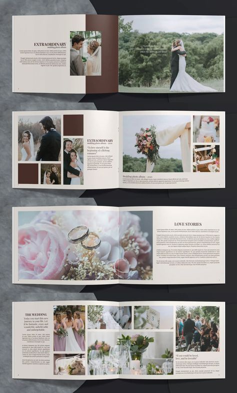 Wedding Album Template InDesign - 22 unique pages Photo Album Layout Design Templates, Photo Album Template Layout, Wedding Photo Album Layout Design, Wedding Album Ideas Photo Books, Bridal Magazine Layout, Wedding Album Magazine, Wedding Albums Designs, Bride Album Design, Wedding Album Design Layout Templates