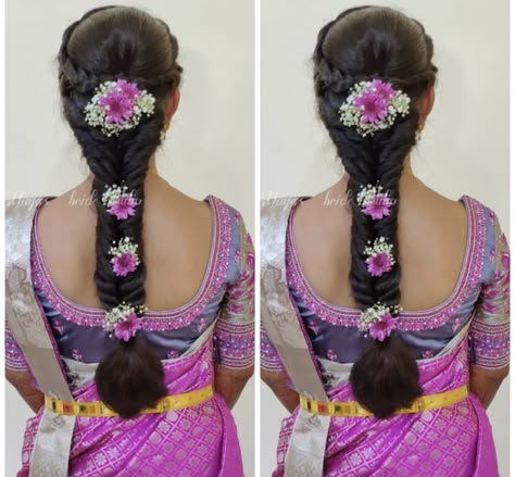 Indian Hairstyles For Saree, Pelli Poola Jada, Simple Bridal Hairstyle, Blouse Inspiration, South Indian Wedding Hairstyles, Reception Hairstyles, Poola Jada, Bridal Hair Decorations, Bridal Hairstyle Indian Wedding