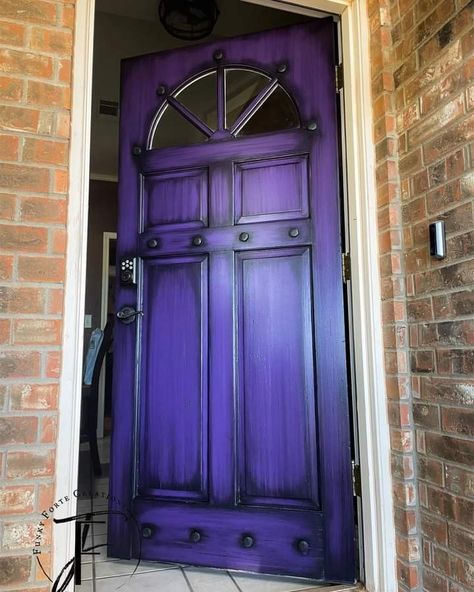 Dark Blue House Paint Exterior, Gothic Exterior House Colors, Purple Front Door Ideas, Purple Trim Interior, Bright Home Exterior Colors, Witchy Purple Front Door, Purple Doors Front House, Gothic Front Door, Purple And Black Aesthetic