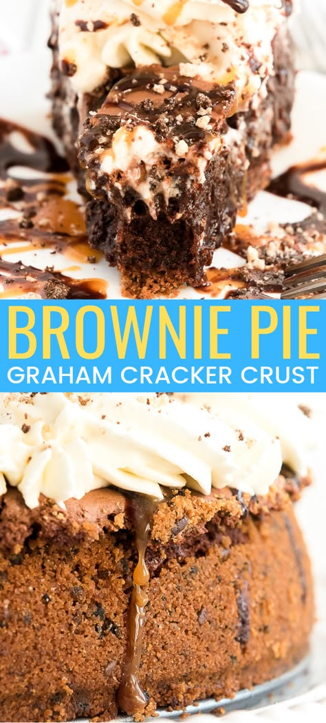 This Brownie Pie is the ultimate comfort dessert! A brownie baked into a graham cracker crust and laced with caramel, then topped with whipped cream and both caramel and chocolate drizzle! Brownie Pie Recipe, Pie With Graham Cracker Crust, Graham Cracker Crust Recipe, Chocolate Graham Cracker Crust, Graham Cracker Recipes, Homemade Graham Cracker Crust, Brownie Pie, Graham Cracker Crust Pie, Homemade Graham Crackers