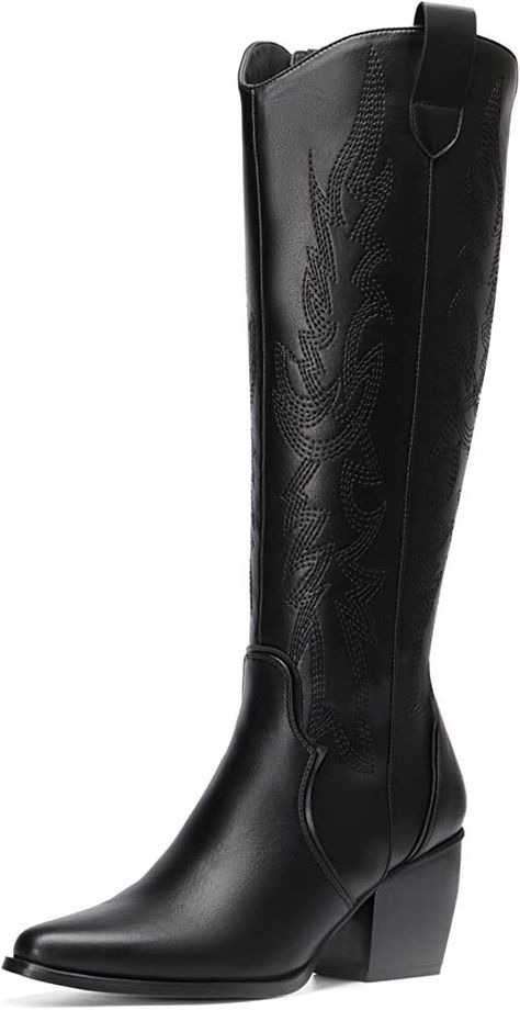 DREAM PAIRS Womens Cowboy Boots, Comfortable Pull On Zipper Chunky Heel Pointed Toe Embroidered W... | Amazon (US) Womens Cowboy Boots, Black Cowgirl Boots, Black Cowgirl, Boots Comfortable, Cuban Heels, Black Boots Tall, Western Cowgirls, Cowboy Boots Women, Western Cowgirl