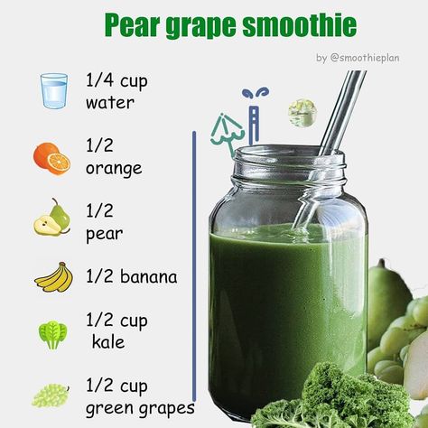 1 Smoothie Weight Loss on Instagram: “Pear grape smoothie by @smoothieplan ingredients 1/4 cup water  1/2 orange 1/2 pear 1/2 banana 1/2 cup kale 1/2 cup green grapes .. . 🔥 Get…” Green Grape Smoothie, Smoothie Recipes Green, Beauty Smoothie, Grape Smoothie, Nutribullet Recipes, Green Grape, Smoothie Challenge, Easy Smoothie Recipes, Good Smoothies