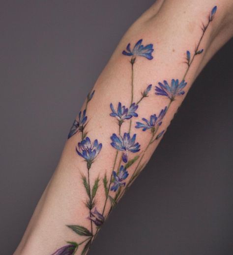 Chicory Flower Tattoo, Tattoo Ideas Female Butterflies, Floral Tatoos, Side Forearm Tattoos For Women, Forearm Tattoos For Women, Botanisches Tattoo, Mandala Hand Tattoos, See Tattoo, Small Forearm Tattoos