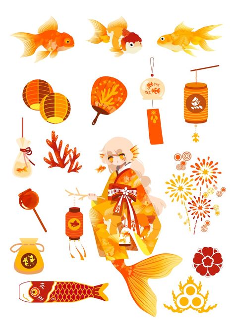 Koi Fish Character Design, Goldfish Outfit, Koi Fish Oc, Fish Character Design, Fish Kimono, Vtuber Ideas, Cny 2025, Lucky Fish, Fate Anime