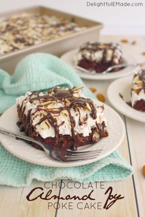 Chocolate Almond Joy Poke Cake Almond Joy Poke Cake Recipe, Carrot Cake Sheet Cake, Basic Chocolate Cake, Almond Joy Cake, Coconut Cream Pie Easy, Cake Sheet, Hot Fudge Topping, Poke Cake Recipe, Coconut Cream Pie Recipes