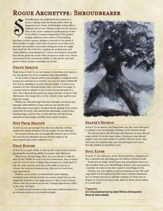 Rogue Archetype: Shroudbearer, 1st UA Draft Rogue 5e Homebrew, Shadowborn Dnd, Rogue Archetypes, Dnd Subclasses, D D Rogue, Homebrew Classes, Dnd Spells, Dungeons And Dragons Rules, Dungeons And Dragons Races