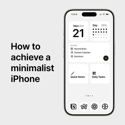 Five steps to declutter your iPhone and use it intentionally as a digital minimalist. You can read the full article with detailed instructions and examples on our website. #minimalist #iphone #setup Minimalist Iphone Setup, Minimal Phone Layout, Iphone Declutter, Minimalist Iphone Layout, Website Minimalist, Iphone Minimal, Minimalist Iphone Wallpaper, How To Clean Iphone, Iphone Setup