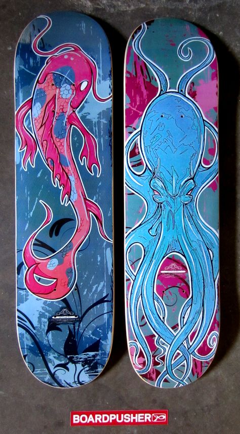 Tenemos un par más pintados a mano gráficos de skate volvieron para impresiones digitales por Tom Ryan. "Pink pescados de Koi" y "Junta Octo" son de hoy Decks destacados y ambos están disponibles en la tienda de Tom en www.BoardPusher.com/shop/tomryansstudio. Pink Koi Fish, Hand Painted Skateboard, Skateboard Graphics, Painted Skateboard, Custom Skates, Snowboard Art, Snowboard Design, Tenacious D, Longboard Design