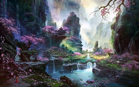 Download HD fantasy Art, Asian Architecture, Cherry Blossom Wallpapers 1920x1200 Waterfall Wallpaper, Mountain Artwork, Asian Architecture, Mountain Wallpaper, Chinese Landscape, Art Simple, Nature Tree, Fantasy Art Landscapes, Mountain Paintings