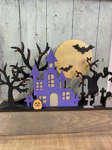 Halloween DIY Kit | Halloween Village Silhouette - The little Green Bean Halloween Decorations Small House, Village Silhouette, Haunted Halloween House, Diy Halloween Village, Diy Halloween Tree, Halloween Headstone, Handmade Halloween Decorations, Christmas Diy Kit, Halloween Yard Art