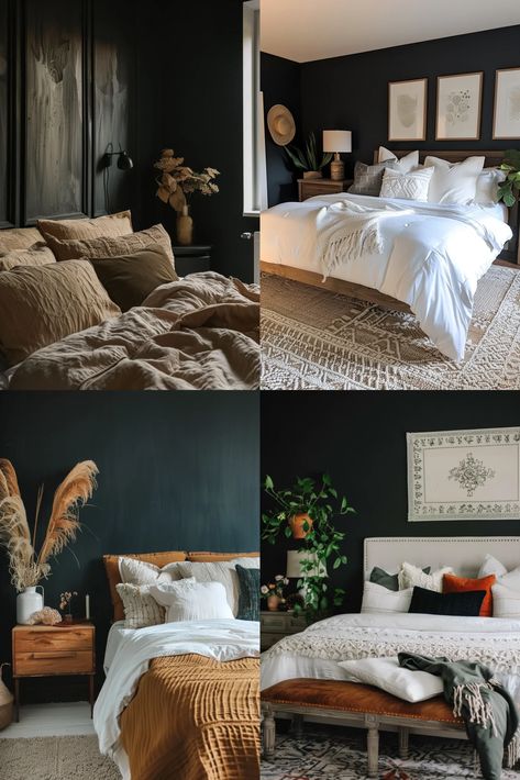 29 Stunning Dark Bedroom Ideas With Modern Accent Walls - TrendyDesign Dark Wall Small Bedroom, Dark Earthy Bedroom, Wood Accent Wall Bedroom, Dark Bedroom Ideas, Bedroom Feature Wall, Dark Bedroom Aesthetic, Artwork Above Bed, Wall Behind Bed, Black Walls Bedroom