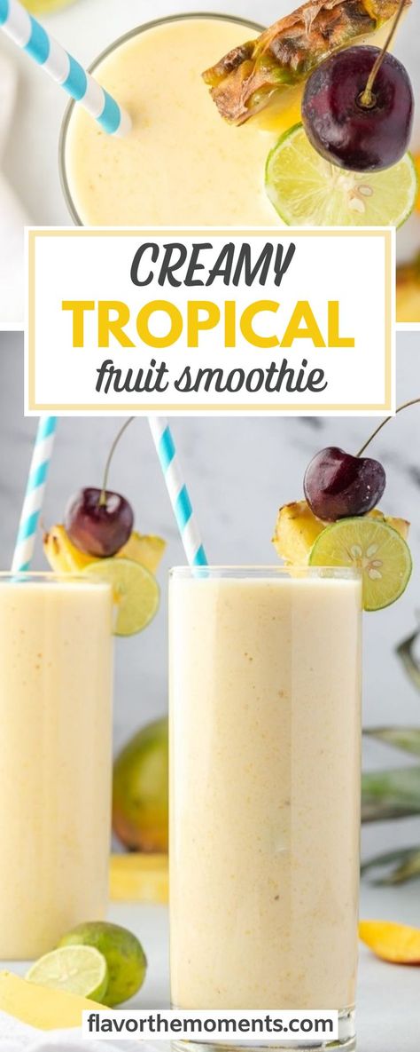 This Creamy Tropical Fruit Smoothie is extremely easy to make — just pop everything in the blender and blend until smooth! Pro tip: Frozen fruit is used to achieve a thick, creamy texture that’s ice cold and frosty. If using fresh fruit, add up to a cup or more of ice. Tropical Fruit Recipes, Mixed Fruit Smoothie, Tropical Fruit Smoothie, Delicious Healthy Breakfast Recipes, Tropical Smoothie Recipes, Granola Snacks, Frozen Fruit Smoothie, Easy Breakfast Smoothies, Mango Pineapple Smoothie