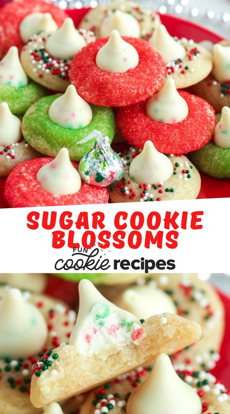 Sugar Cookie Blossoms Christmas Cookie Blossoms, Sugar Cookie Blossoms Recipe, Easy Christmas Sugar Cookie Recipe, Christmas Blossom Cookies, Sugar Cookie Recipe With Sprinkles, Blossom Cookie Recipes, Sugar Blossom Cookies, Blossom Cookies Christmas, Sugar Cookie Dough Ideas