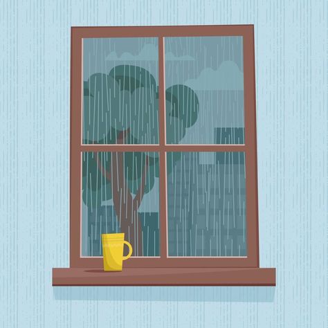 Rain outside the window Rain Window Illustration, Rain On Window Drawing, Rainy Window Illustration, Raining Sketch, Rainy Window Drawing, Rain Outside Window, Raining Cartoon, Window Illustration Drawing, Raining Drawing