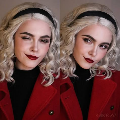 Are you excited about SEASON 2 of SABRINA? 💕  Amazing #sabrina cosplay by talented @sladkoslava with using #wigisfashion wavy ash blonde lace front wig LF831B 😍 love it 👏  Check out wigisfashion.com and see more beautiful wigs now!   #sabrina #sabrinatheteenagewitch #sabrinaspellman #netflix #sabrinanetflix #sabrinaspellmancosplay #sabrinacosplay  #chillingadventuresofsabrina #costest #cosplay #cosplayer #cosplayers #cosplaying #cosplaygirl #geek #geekgirl #makeuptransformation #wig #wigs #wi Sabrina Cosplay, Sabrina Costume, Sabrina Spellman Outfit, Maquillage Goth, Sabrina Spellman Style, Blonde Halloween Costumes, Sabrina Witch, Halloween Coustumes, Sabrina Spellman